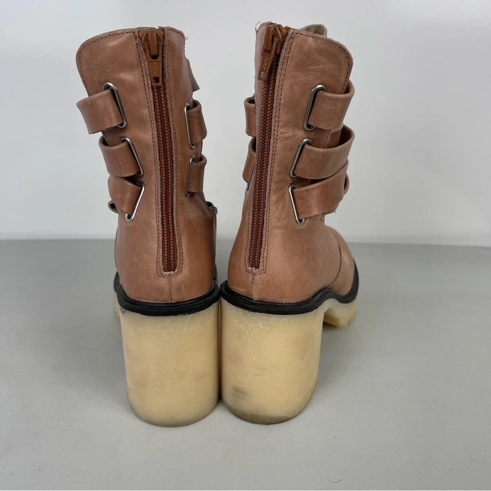 Free People Tan Leather Strappy Jesse Cutout Boots Chunky Women's Size 41 US 10
